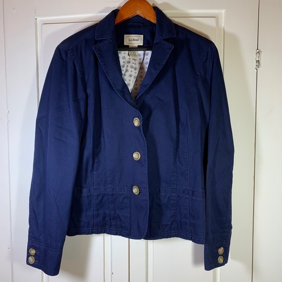 L.L.Bean Women's Navy Blue Cotton Blazer Jacket Size 14 REG Business Casual READ - Picture 1 of 11